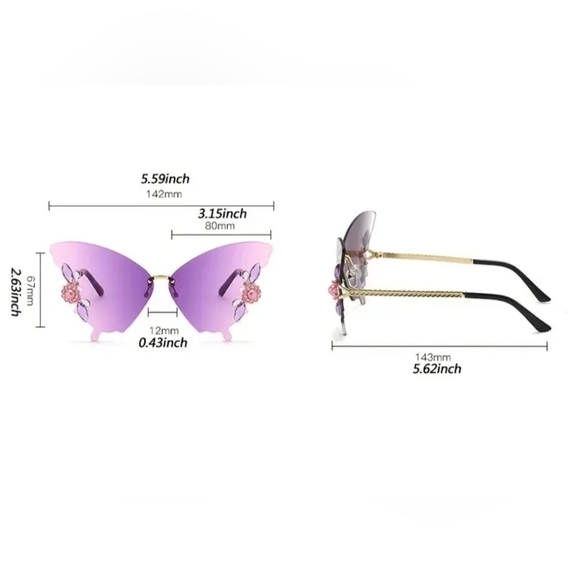 New Blue butterfly rhinestone sunglasses fashion women's rimless - Picture 3 of 7